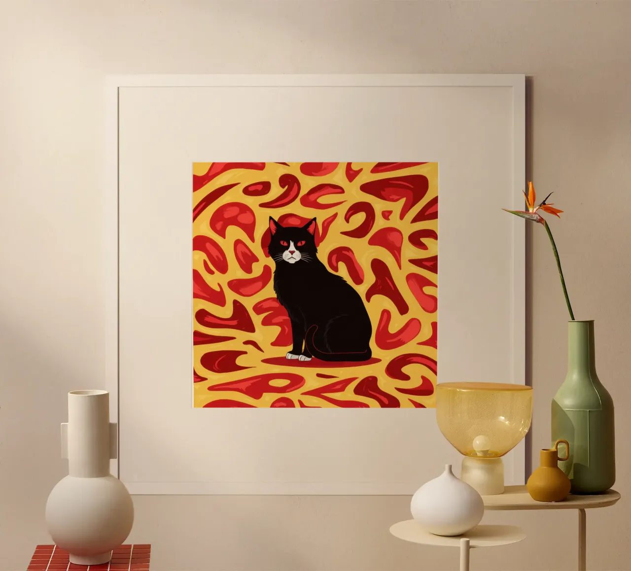 Gatto cremisi a vortice poster con telaio in legno da Scaller Stars