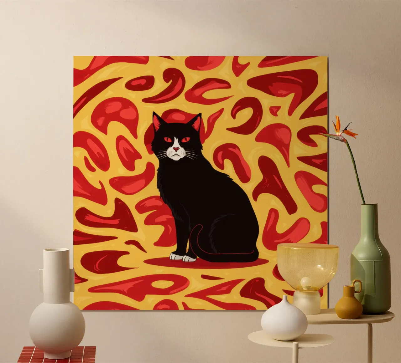 Gatto cremisi a vortice poster con telaio in legno da Scaller Stars
