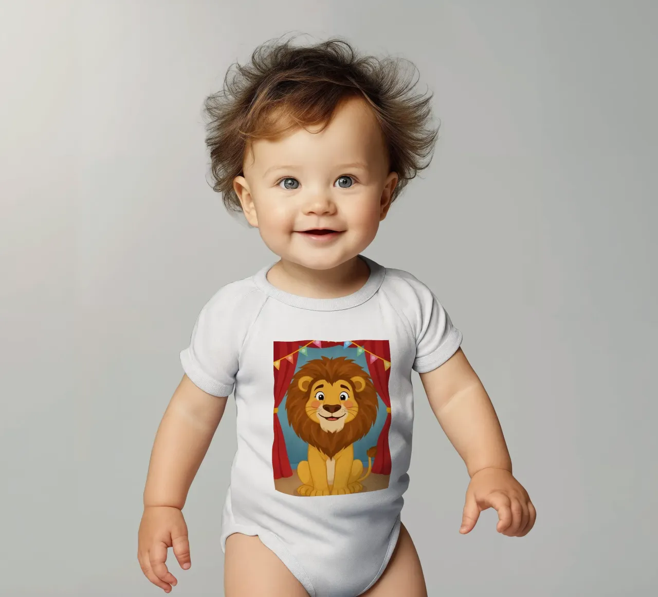 Cartoon Lion Sitting Before Red Curtains and Banner (Lion assis devant des rideaux rouges et une bannière) body bébé de DesignDoodle