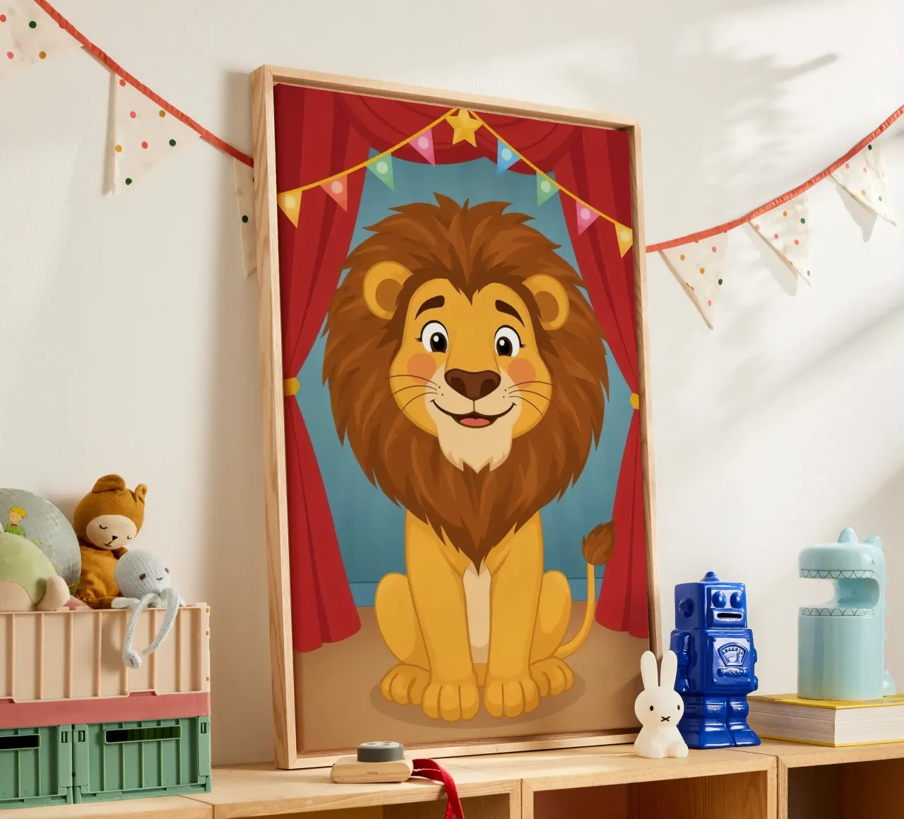 Leone dei cartoni animati seduto davanti a tende e striscioni rossi tela con Cornice a cassetta da DesignDoodle
