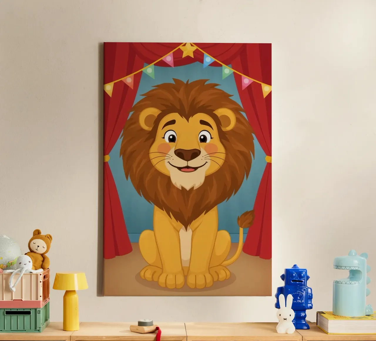 Leone dei cartoni animati seduto davanti a tende e striscioni rossi tela con Cornice a cassetta da DesignDoodle