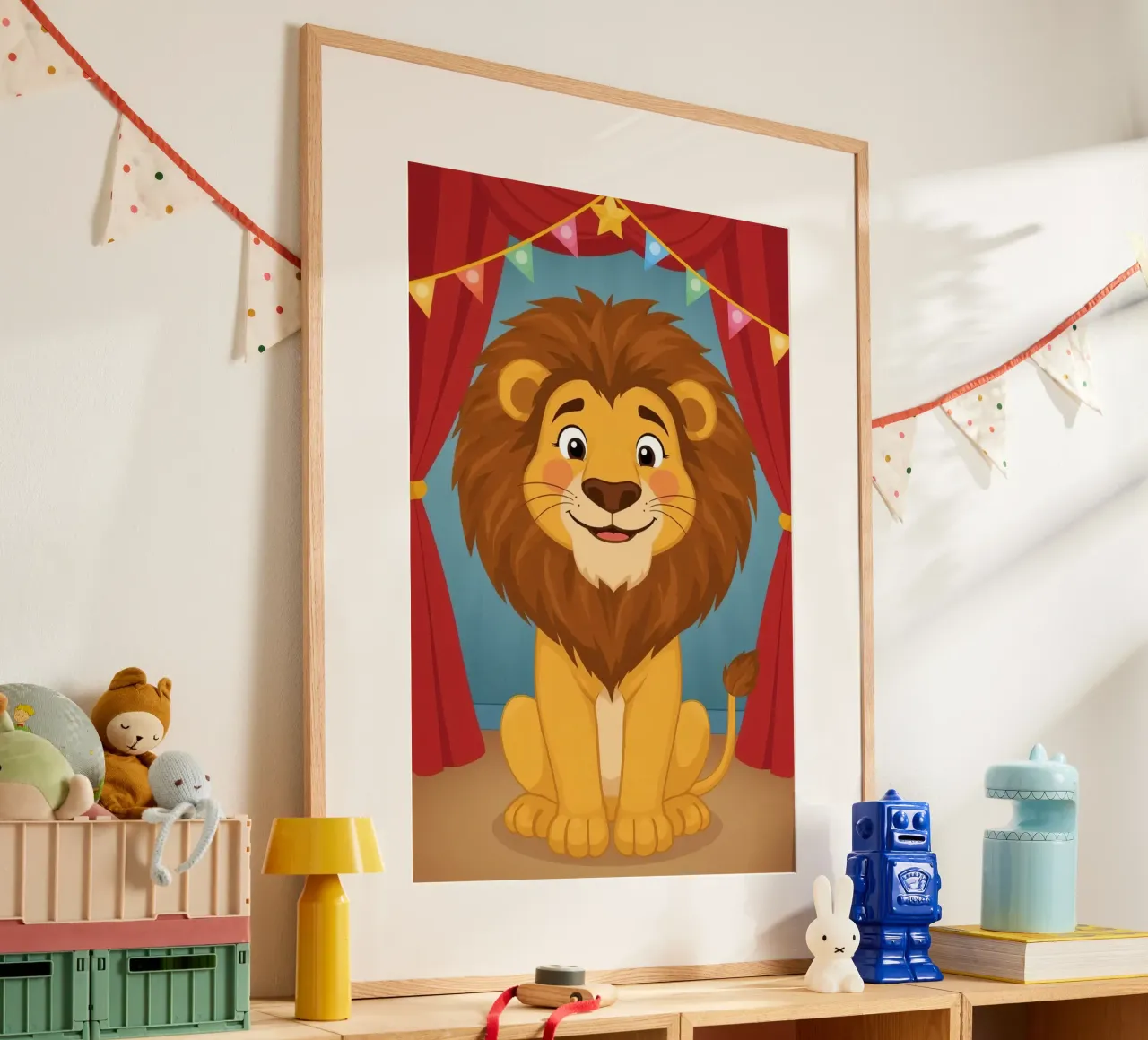 Leone dei cartoni animati seduto davanti a tende e striscioni rossi poster con telaio in plastica da DesignDoodle