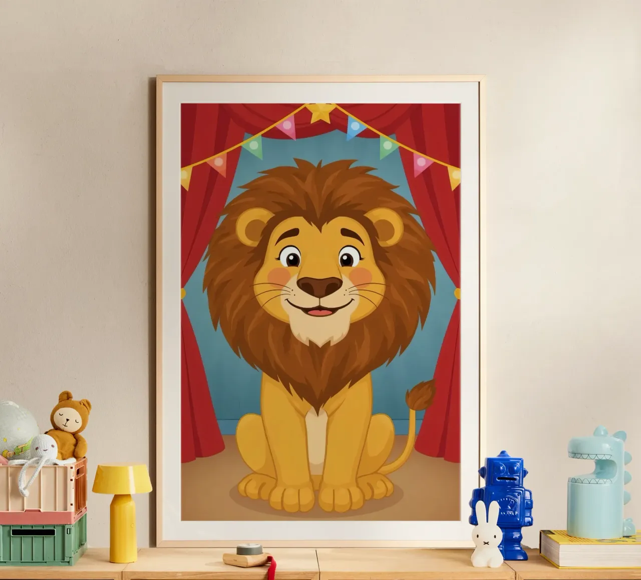 Leone dei cartoni animati seduto davanti a tende e striscioni rossi poster con telaio in plastica da DesignDoodle