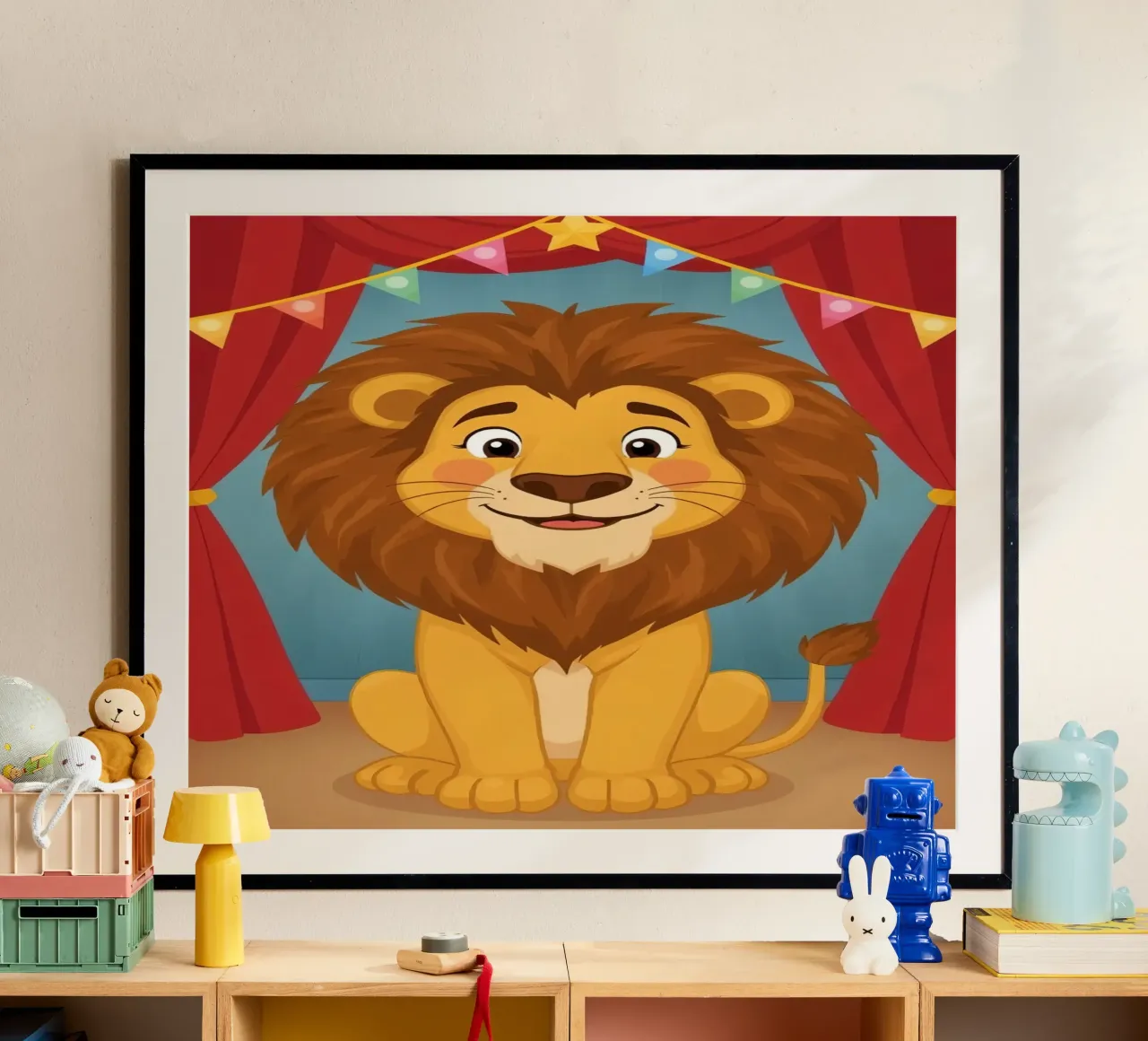Leone dei cartoni animati seduto davanti a tende e striscioni rossi poster con telaio in plastica da DesignDoodle