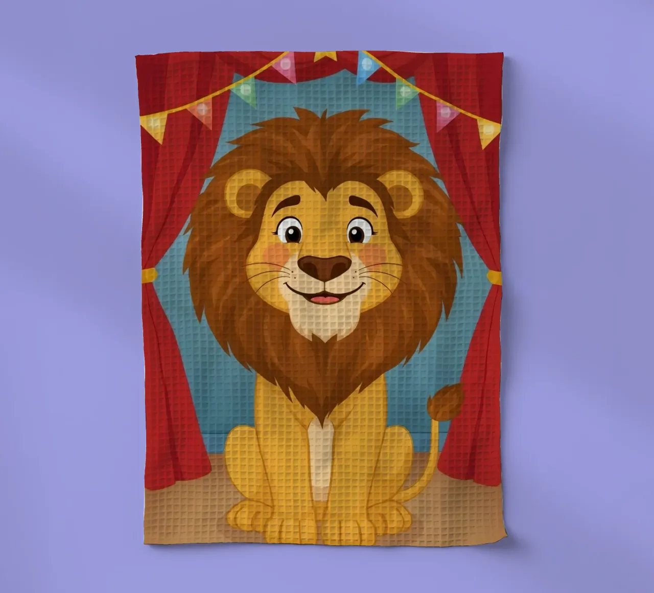 Cartoon Lion Sitting Before Red Curtains and Banner (Lion assis devant des rideaux rouges et une bannière) torchon de DesignDoodle
