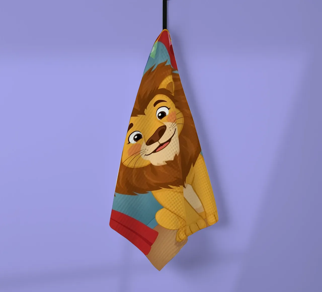 Cartoon Lion Sitting Before Red Curtains and Banner (Lion assis devant des rideaux rouges et une bannière) torchon de DesignDoodle