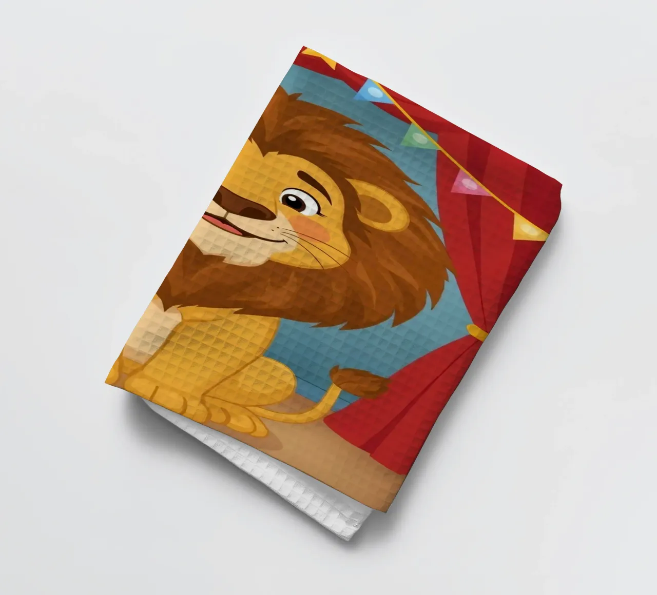 Cartoon Lion Sitting Before Red Curtains and Banner (Lion assis devant des rideaux rouges et une bannière) torchon de DesignDoodle