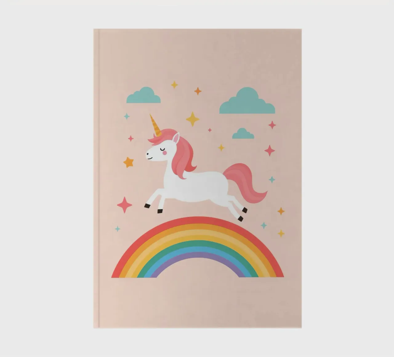 Cartoon Unicorn Leaping Over Rainbow with Stars and Clouds notebook by DesignDoodle