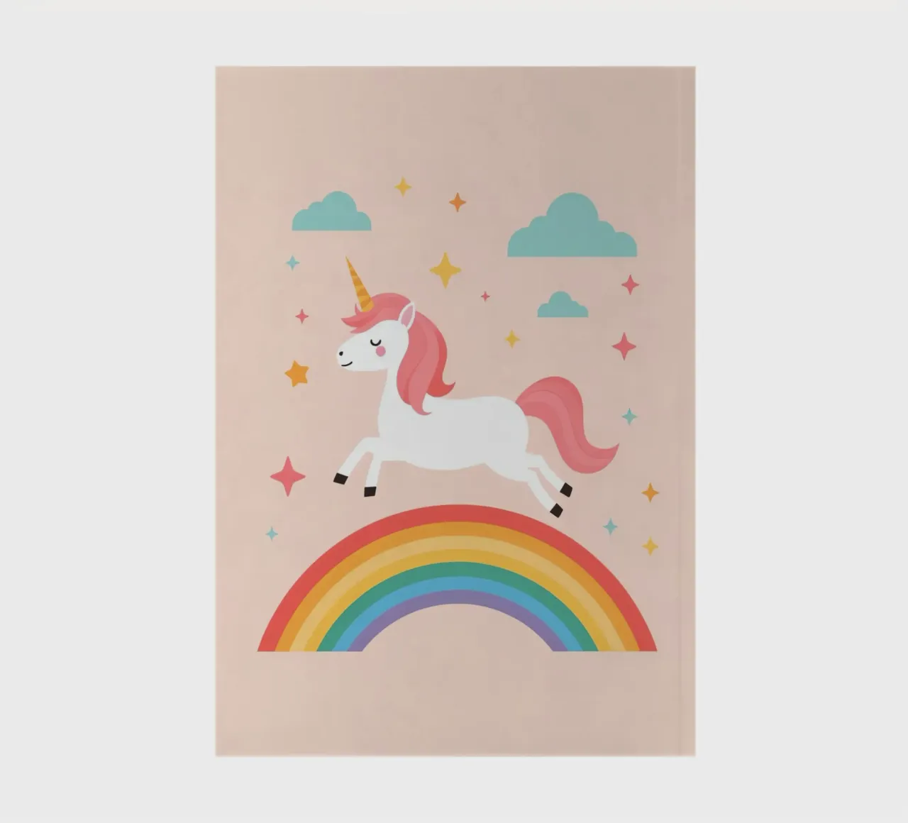 Cartoon Unicorn Leaping Over Rainbow with Stars and Clouds notebook by DesignDoodle