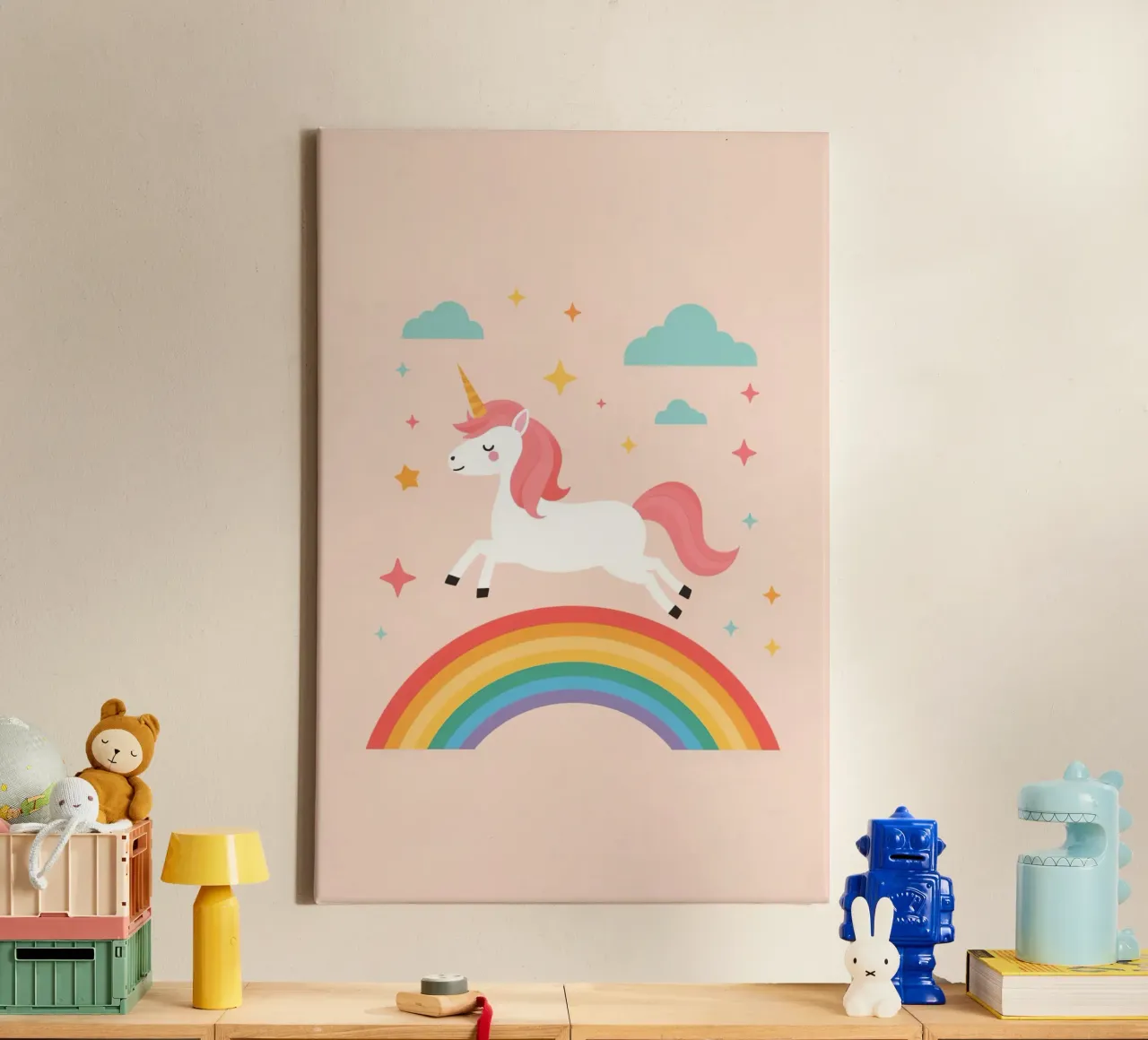 Cartoon Unicorn Leaping Over Rainbow with Stars and Clouds canvas with Floater frame by DesignDoodle