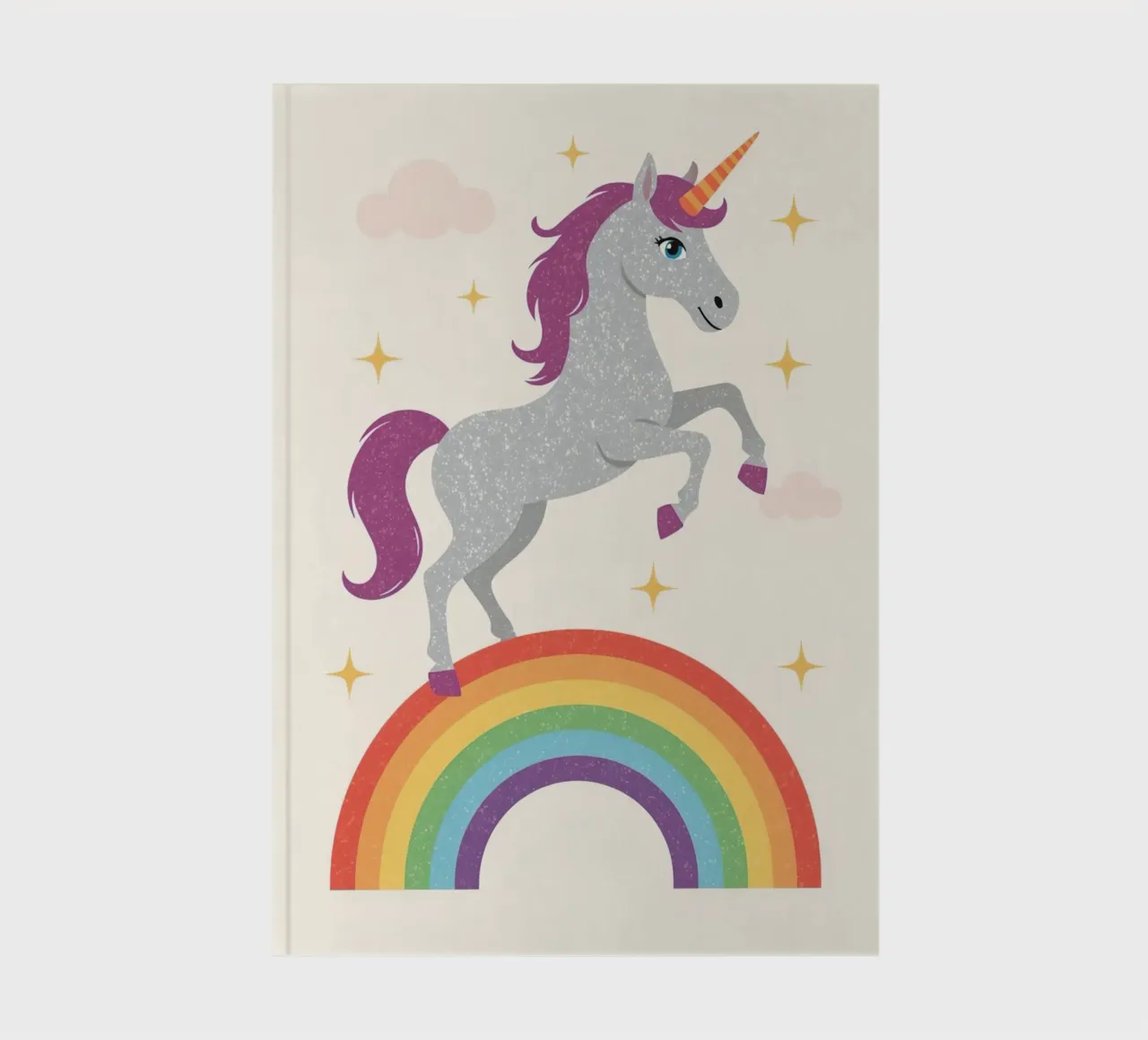 Cartoon Unicorn Leaping Over Rainbow with Stars and Clouds notebook by DesignDoodle