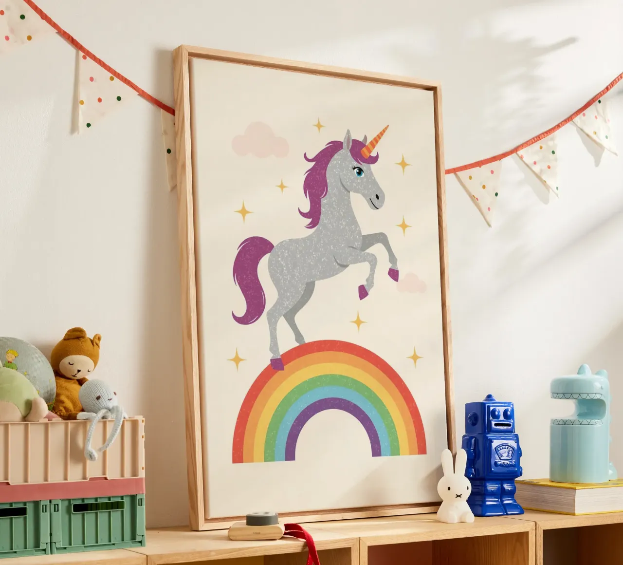Cartoon Unicorn Leaping Over Rainbow with Stars and Clouds canvas with Floater frame by DesignDoodle