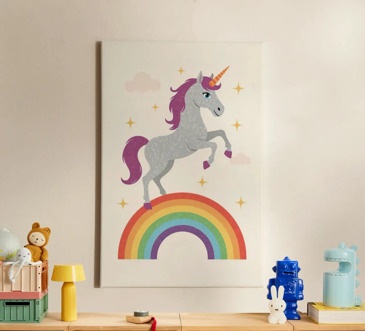 Cartoon Unicorn Leaping Over Rainbow with Stars and Clouds canvas with Floater frame by DesignDoodle