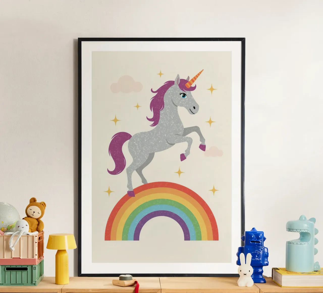 Cartoon Unicorn Leaping Over Rainbow with Stars and Clouds poster by DesignDoodle