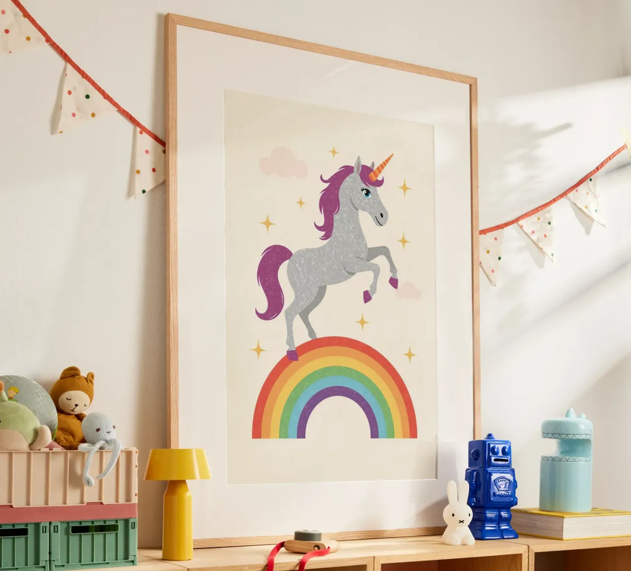 Cartoon Unicorn Leaping Over Rainbow with Stars and Clouds poster by DesignDoodle
