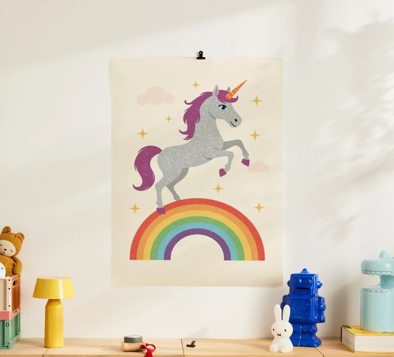 Cartoon Unicorn Leaping Over Rainbow with Stars and Clouds poster by DesignDoodle