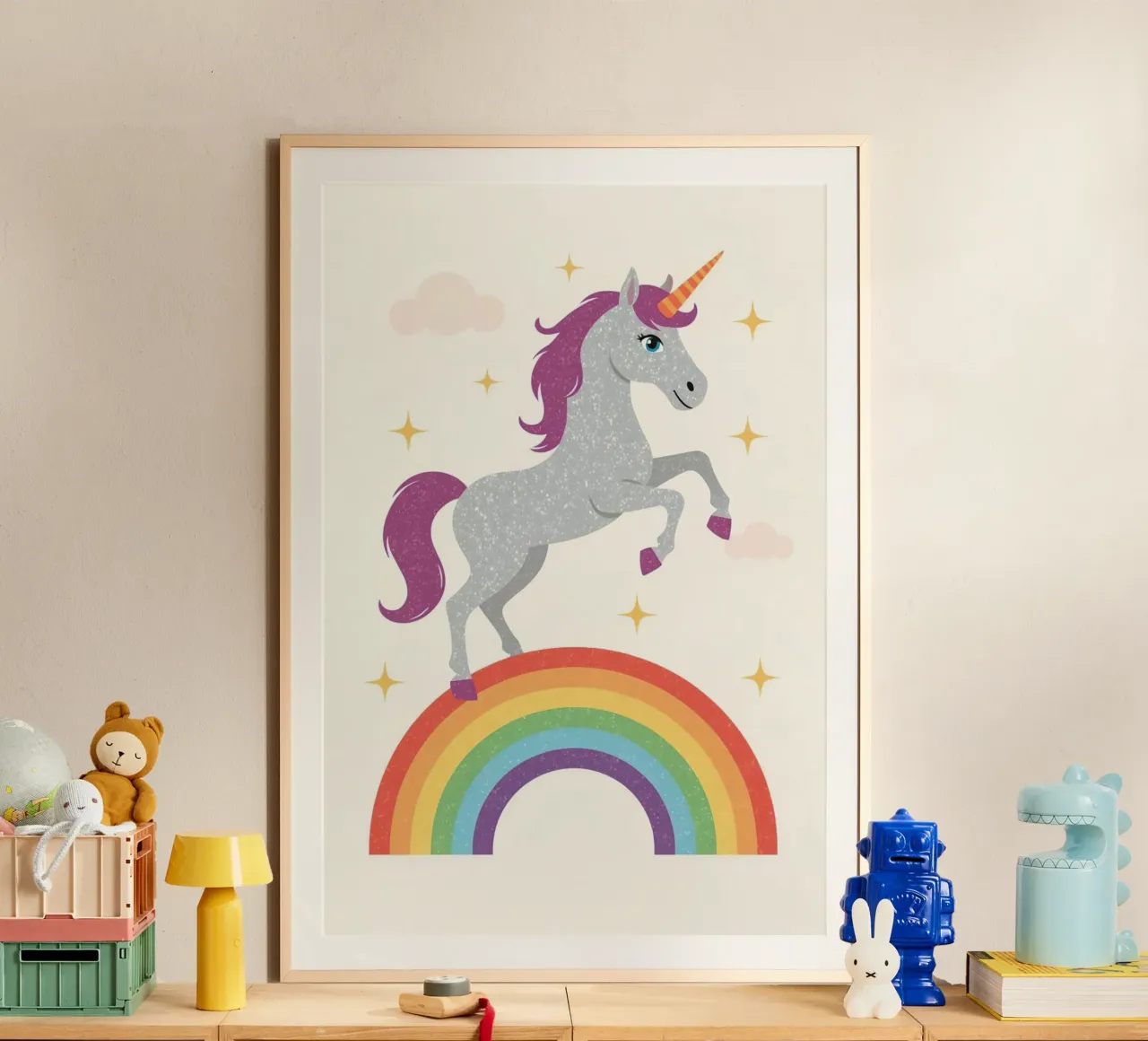 Cartoon Unicorn Leaping Over Rainbow with Stars and Clouds poster by DesignDoodle