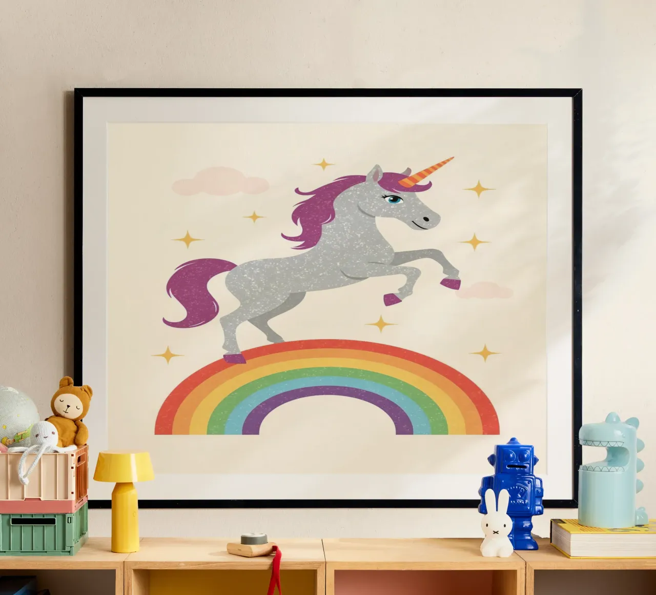 Cartoon Unicorn Leaping Over Rainbow with Stars and Clouds poster by DesignDoodle