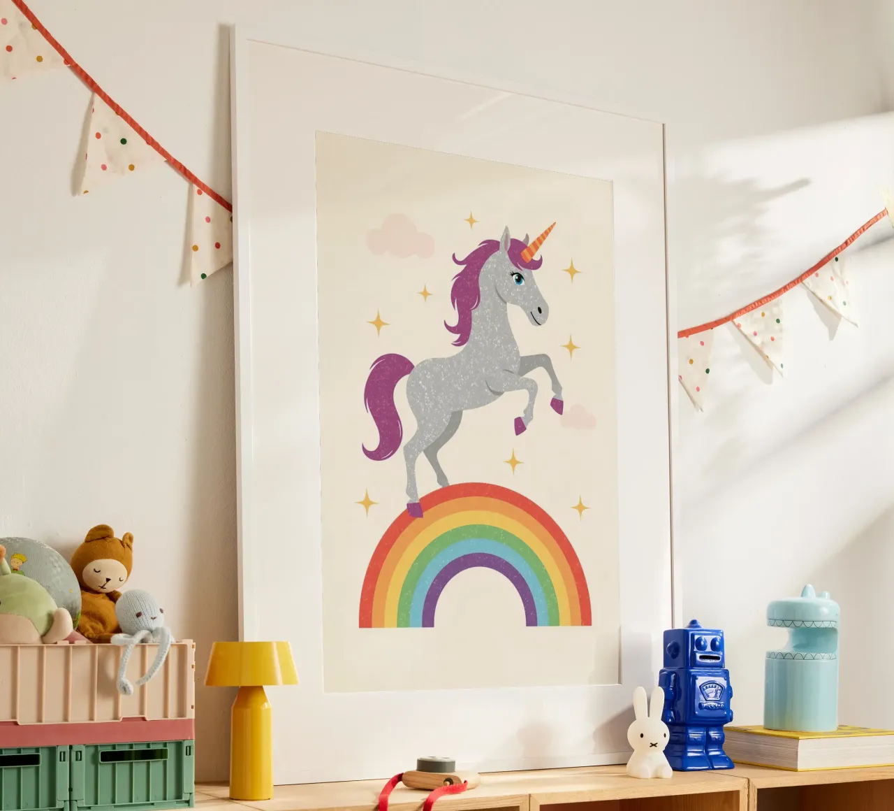 Cartoon Unicorn Leaping Over Rainbow with Stars and Clouds poster by DesignDoodle