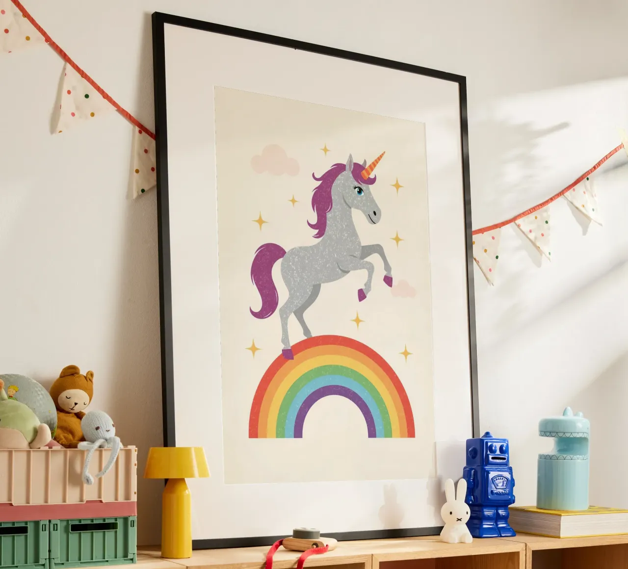 Cartoon Unicorn Leaping Over Rainbow with Stars and Clouds poster by DesignDoodle
