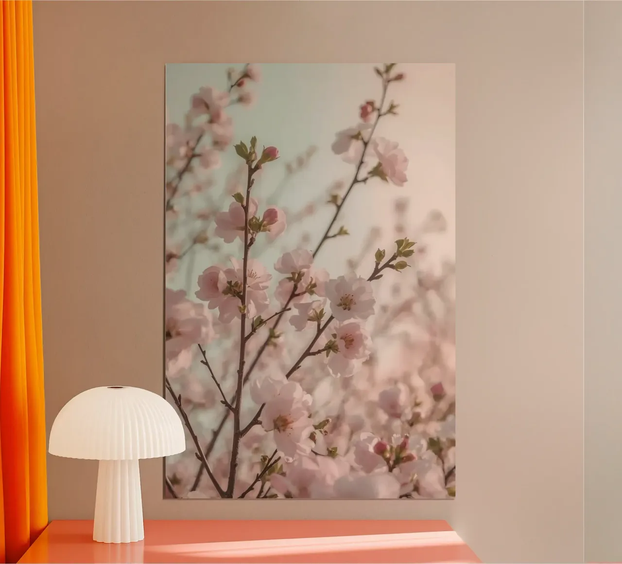 Primo piano dei fiori e dei rami di un albero rosa poster con telaio in legno da DesignDoodle