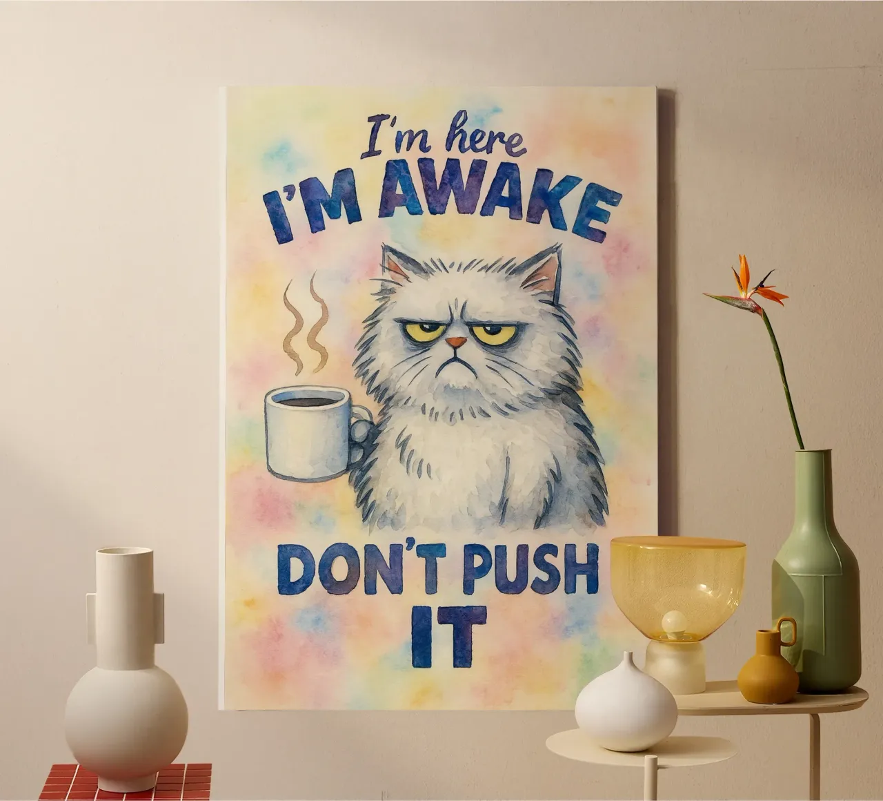 im here im awake dont push it cat canvas with Floater frame by wadasx