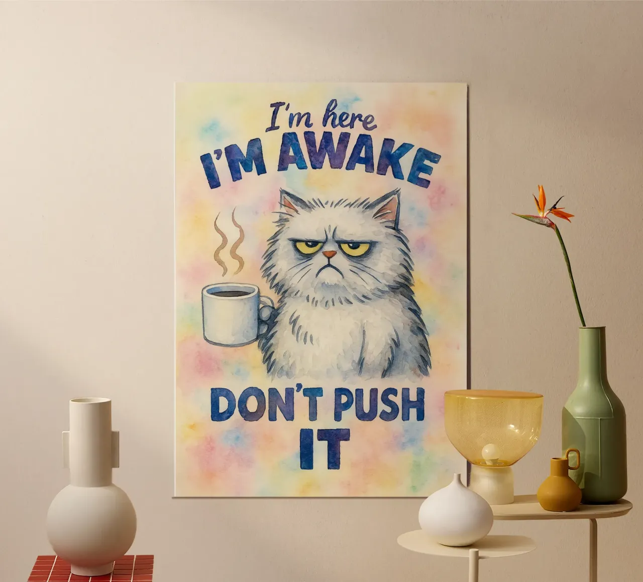 Sono qui, sono sveglio, non esagerare, gatto. poster con telaio in plastica da wadasx