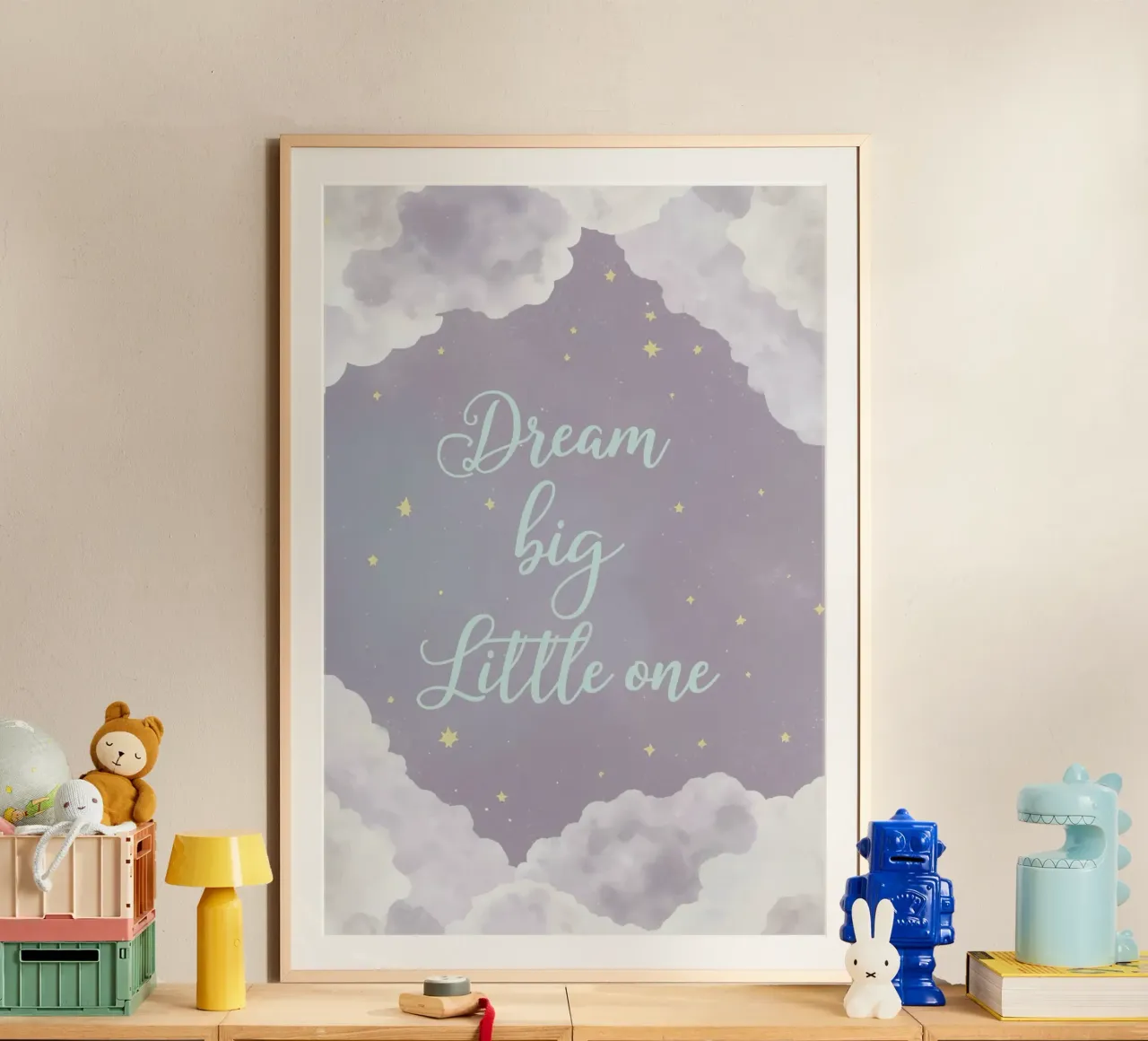 Dream Big Little One con nuvole e stelle poster con telaio in alluminio da DesignDoodle