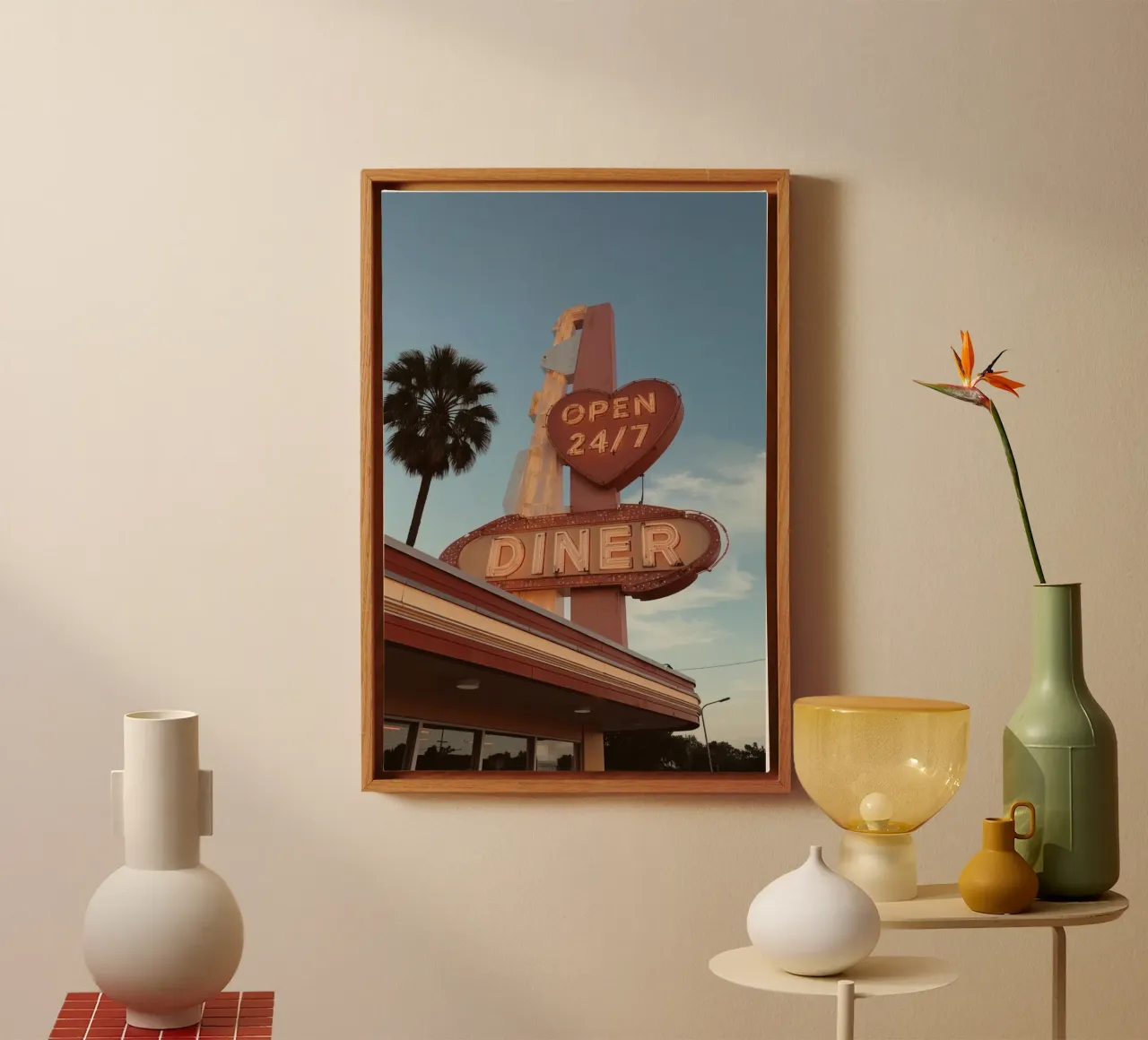 Diner Neon Sign and Palm Tree Against Blue Sky canvas with Floater frame by DesignDoodle