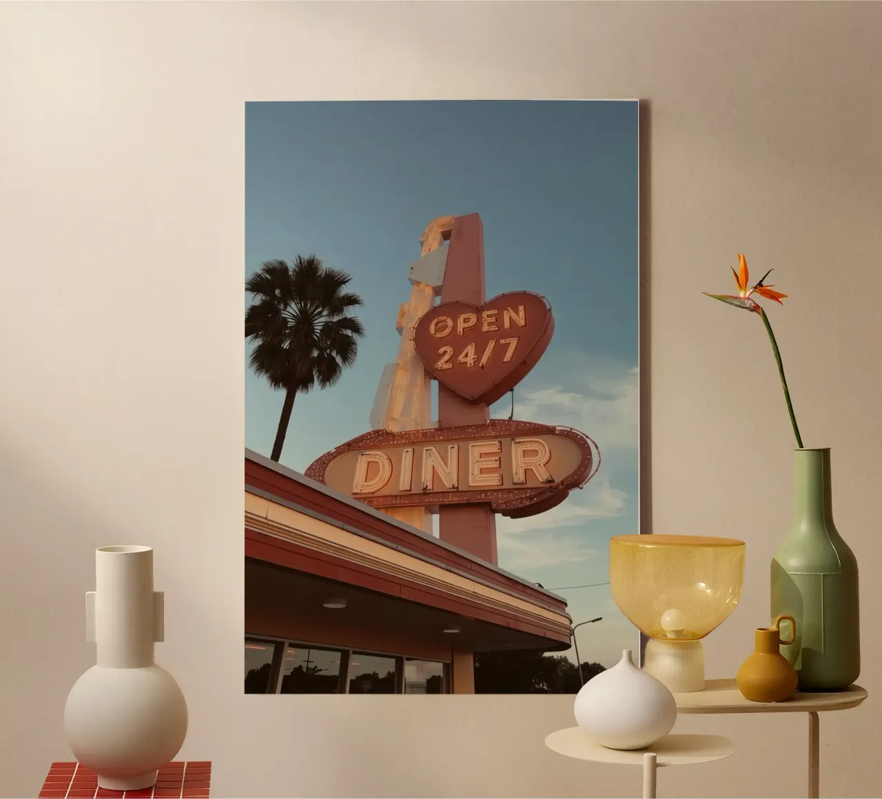 Diner Neon Sign and Palm Tree Against Blue Sky canvas with Floater frame by DesignDoodle