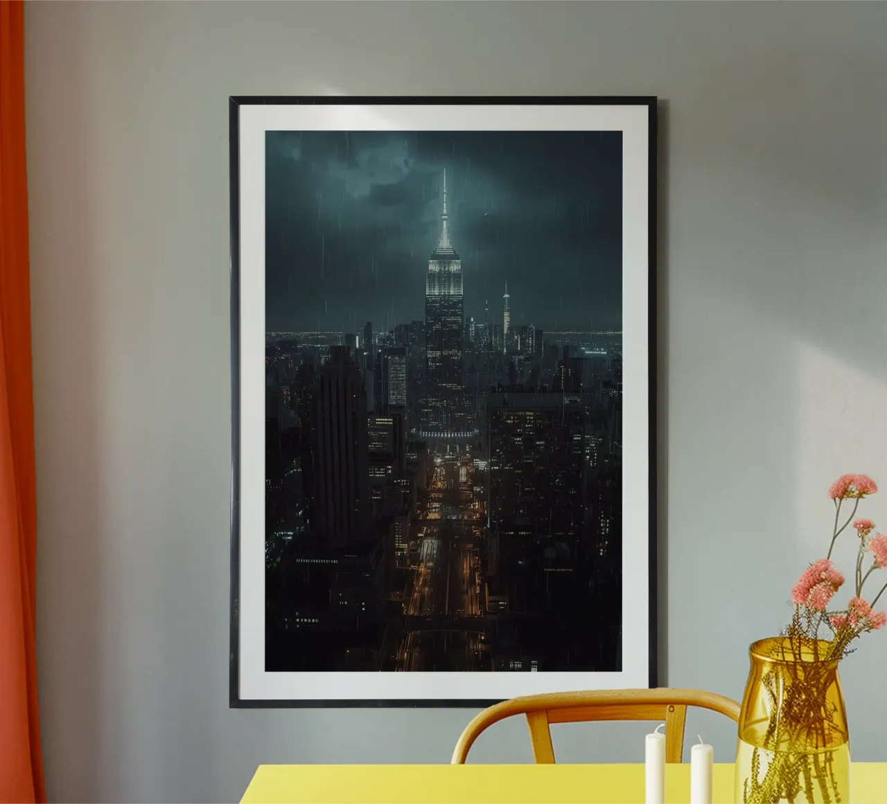 Empire State Building sotto la pioggia Paesaggio urbano di notte poster con telaio in legno da DesignDoodle