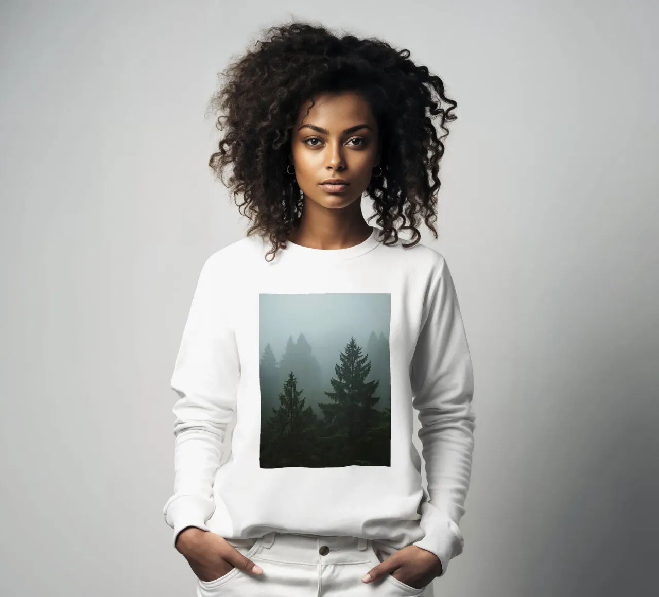 Immergrüne Bäume im Nebel Sweatshirt von DesignDoodle