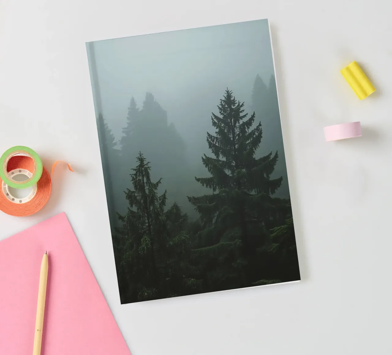 Evergreen Trees in Fog notebook by DesignDoodle