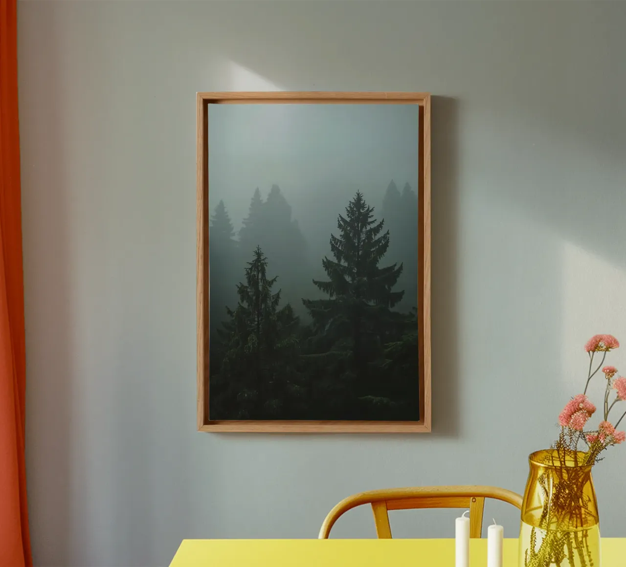 Evergreen Trees in Fog canvas with Floater frame by DesignDoodle