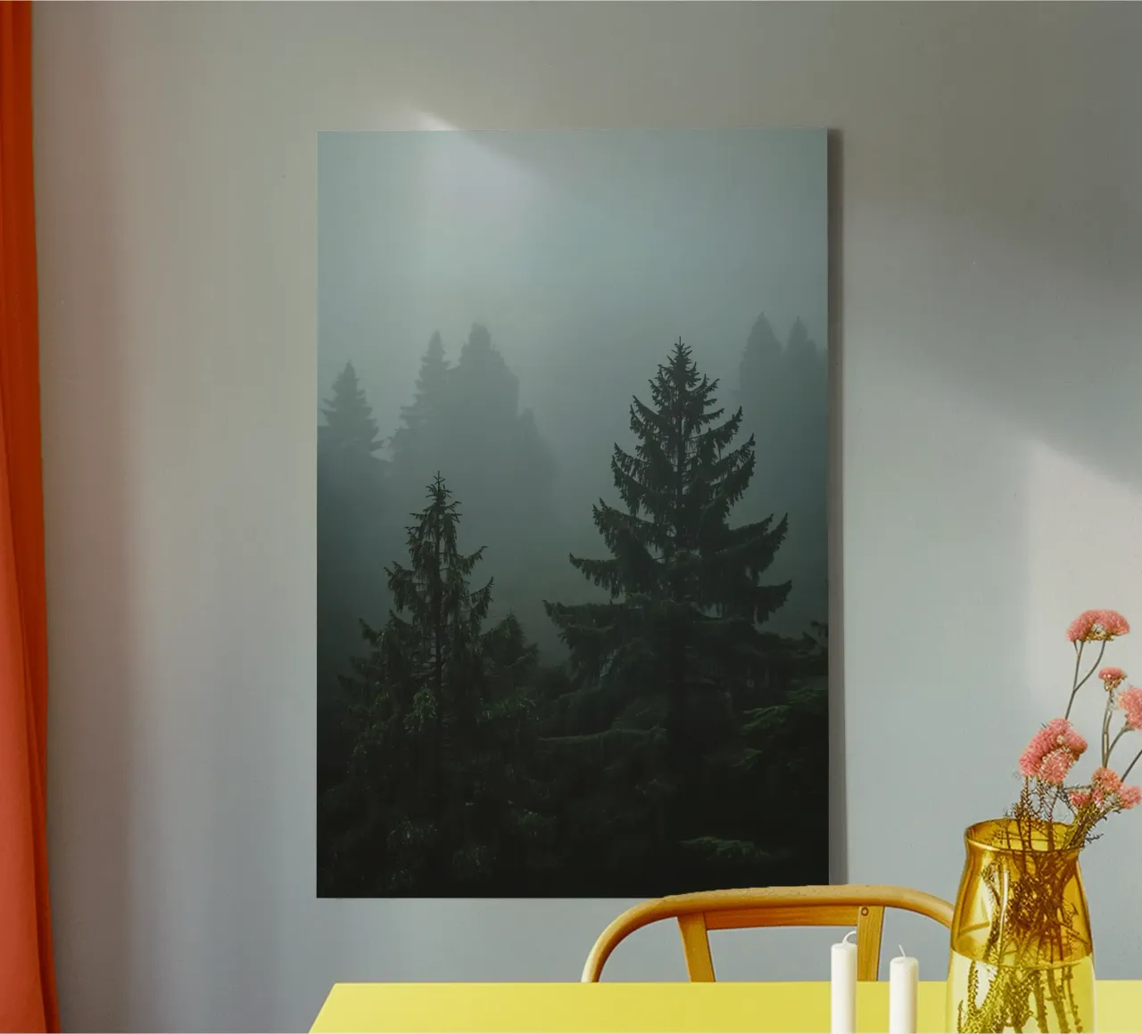 Evergreen Trees in Fog canvas with Floater frame by DesignDoodle