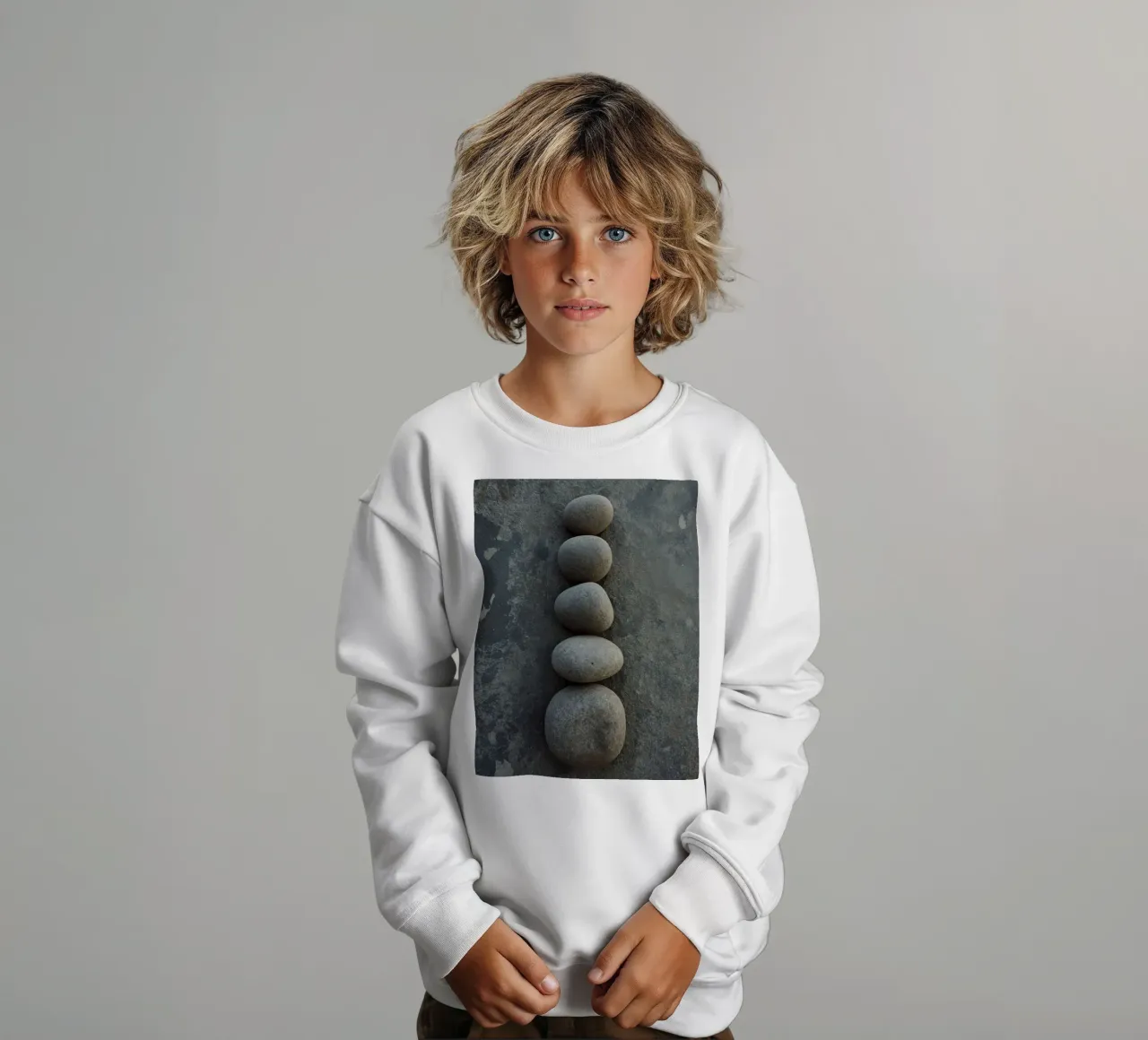 Cinque pietre grigie impilate verticalmente su una superficie strutturata felpa bambino da DesignDoodle