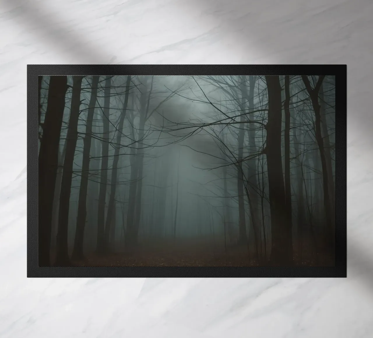 Foggy Forest Path with Bare Trees and Fallen Leaves doormat by DesignDoodle
