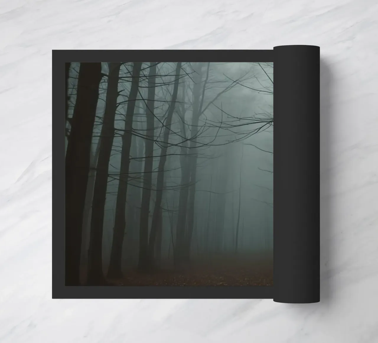 Foggy Forest Path with Bare Trees and Fallen Leaves doormat by DesignDoodle
