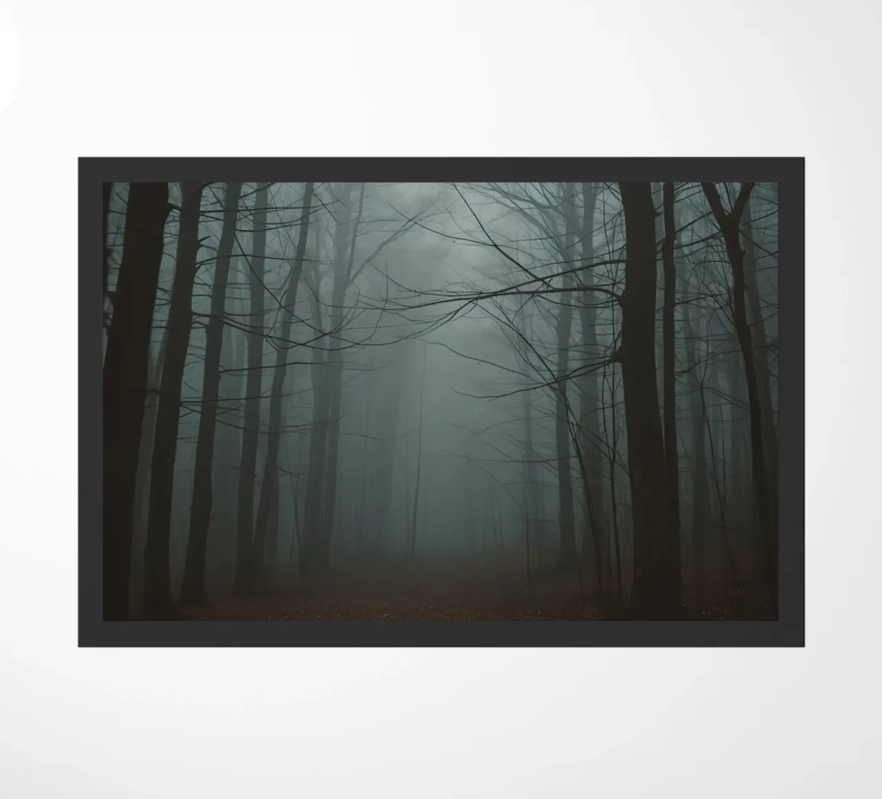 Foggy Forest Path with Bare Trees and Fallen Leaves doormat by DesignDoodle