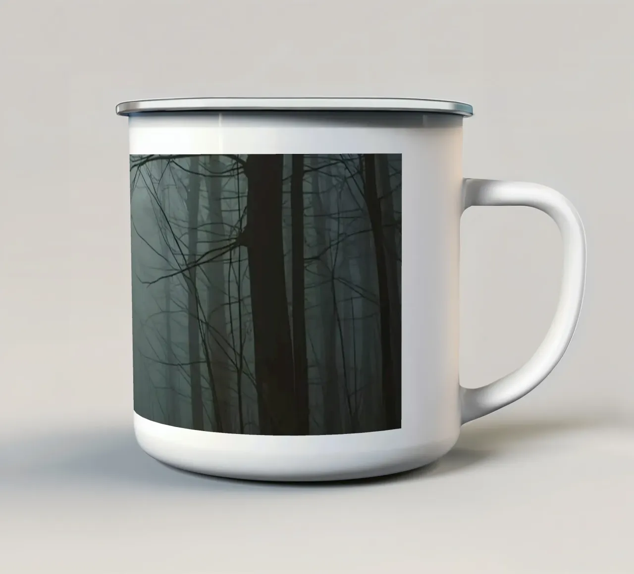 Foggy Forest Path with Bare Trees and Fallen Leaves enamel mug by DesignDoodle