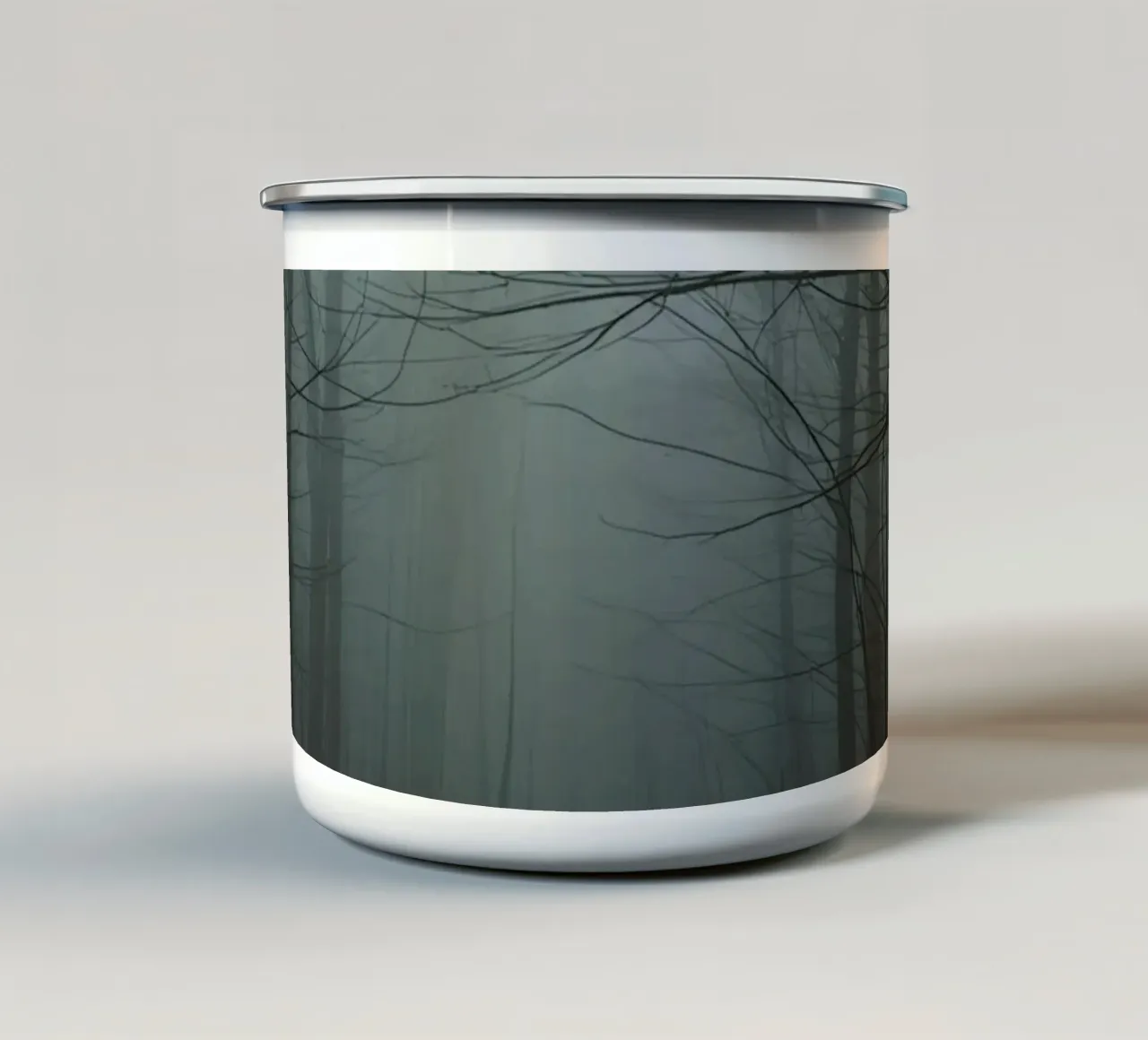 Foggy Forest Path with Bare Trees and Fallen Leaves enamel mug by DesignDoodle