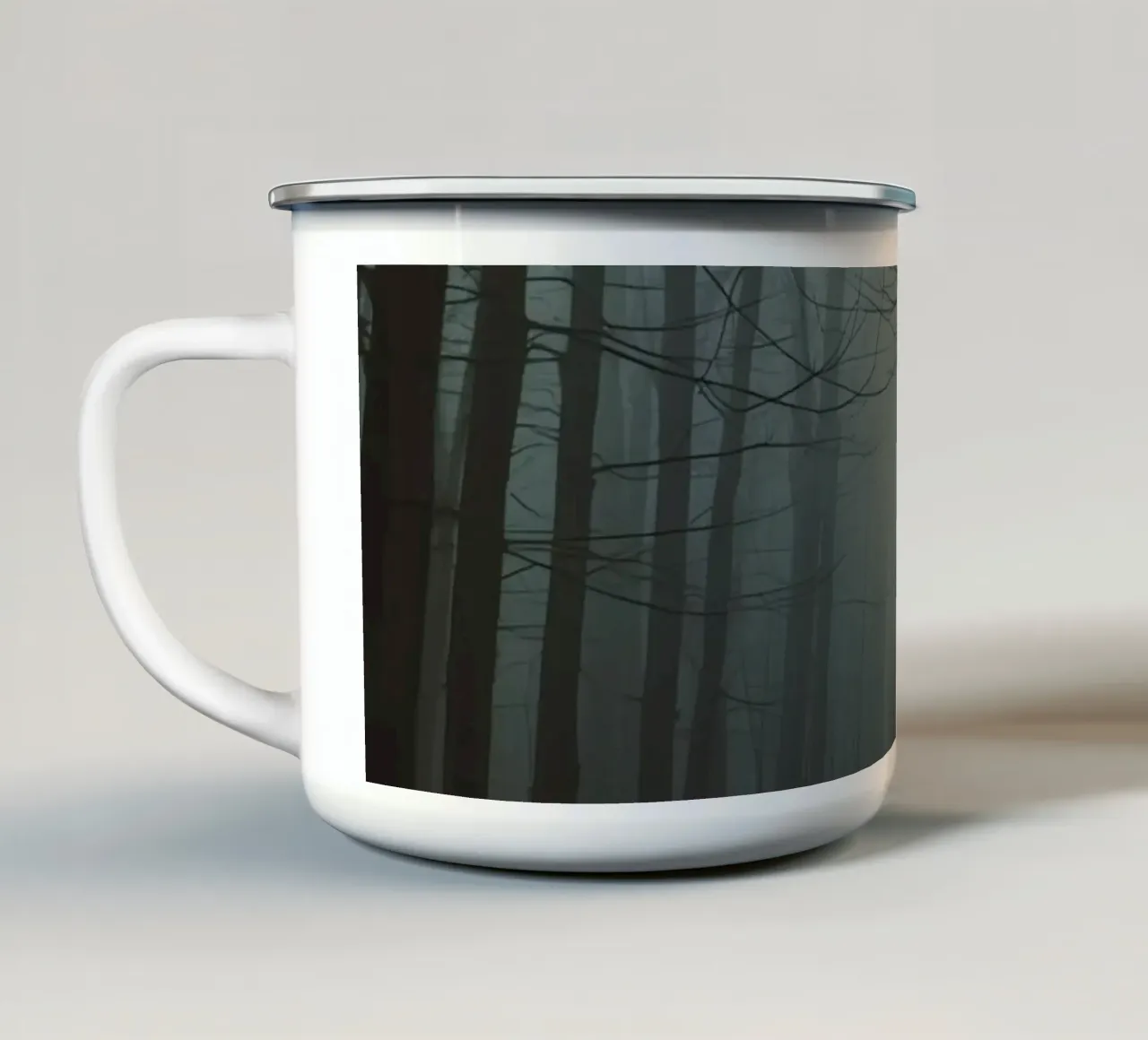 Foggy Forest Path with Bare Trees and Fallen Leaves enamel mug by DesignDoodle