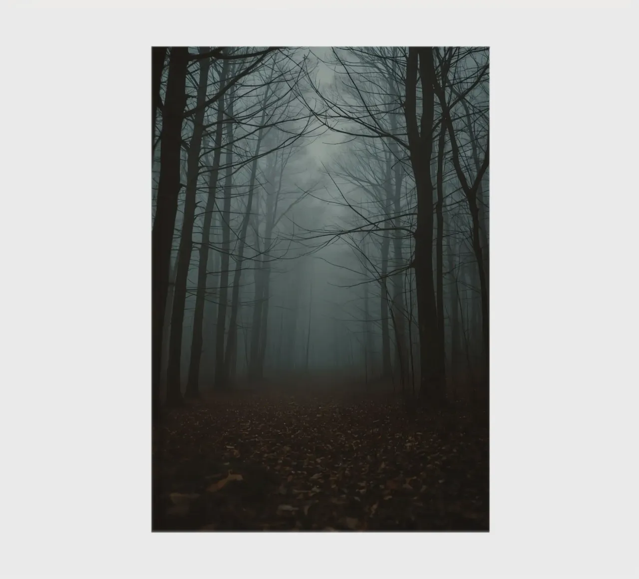 Foggy Forest Path with Bare Trees and Fallen Leaves notebook by DesignDoodle