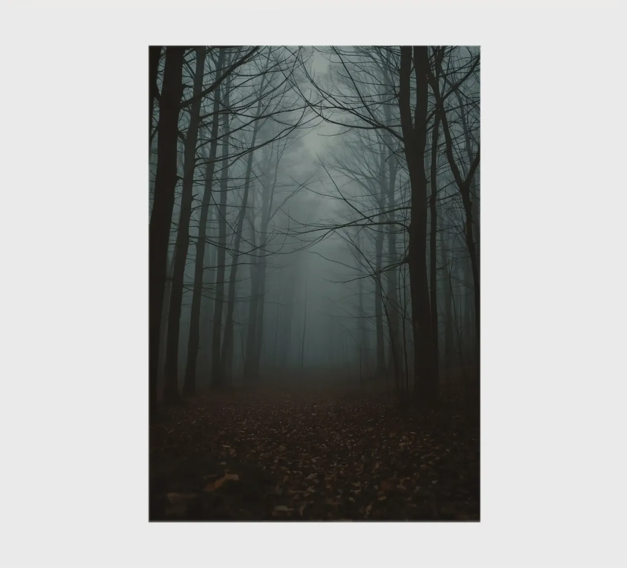 Foggy Forest Path with Bare Trees and Fallen Leaves notebook by DesignDoodle