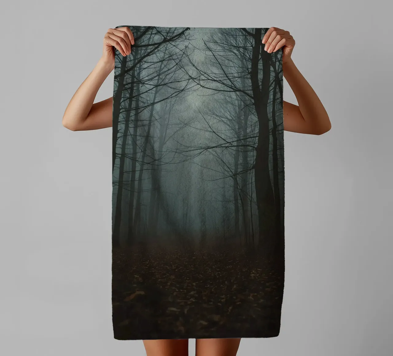 Foggy Forest Path with Bare Trees and Fallen Leaves towel by DesignDoodle