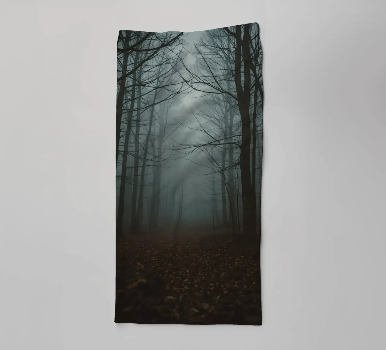 Foggy Forest Path with Bare Trees and Fallen Leaves towel by DesignDoodle