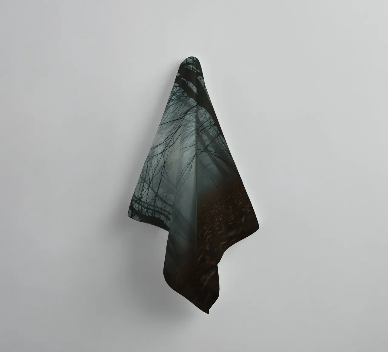 Foggy Forest Path with Bare Trees and Fallen Leaves towel by DesignDoodle