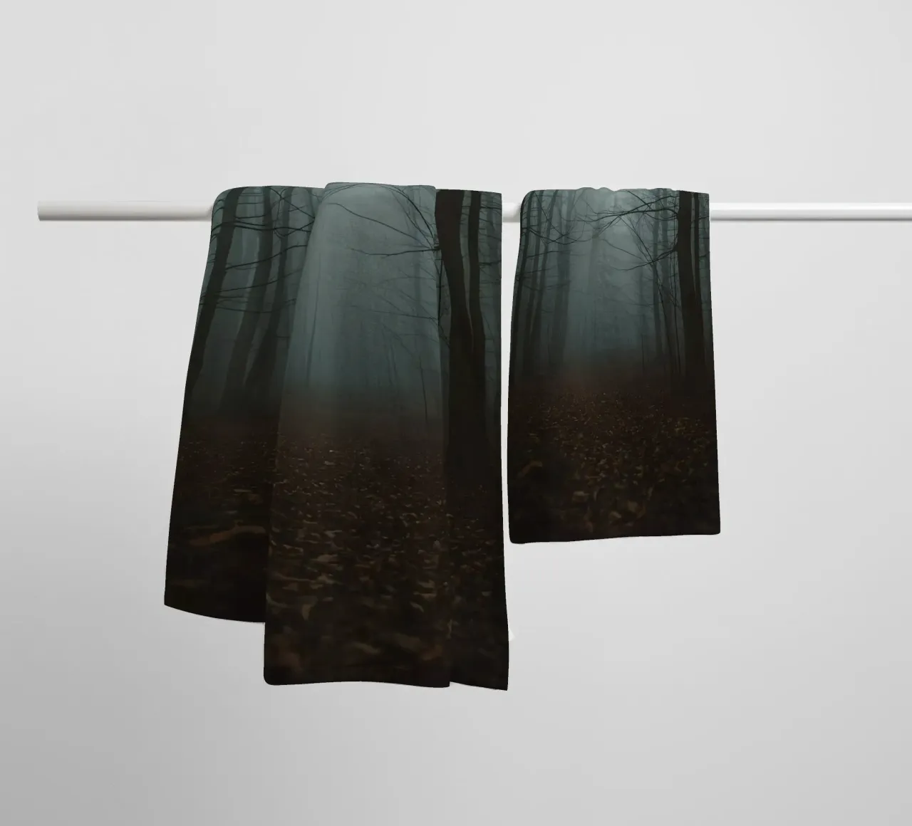 Foggy Forest Path with Bare Trees and Fallen Leaves towel by DesignDoodle
