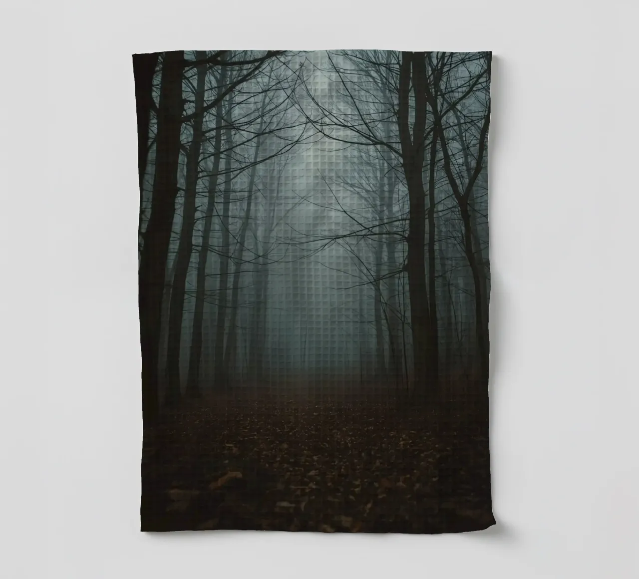 Foggy Forest Path with Bare Trees and Fallen Leaves tea towel by DesignDoodle