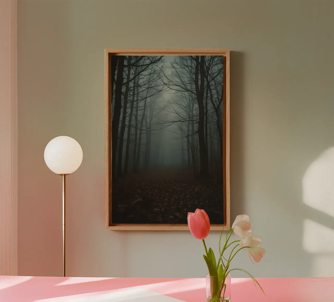 Foggy Forest Path with Bare Trees and Fallen Leaves canvas with Floater frame by DesignDoodle